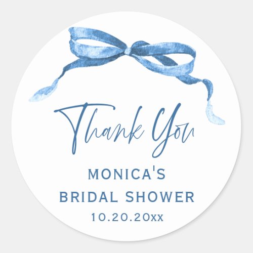 Elegant Dusty Blue Hand Drawn Bow Bridal Shower Classic Round Sticker