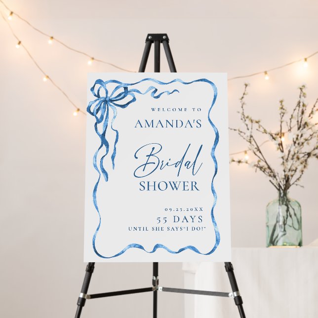 Elegant Dusty Blue Hand Drawn Bow Bridal Shower Foam Board (In Situ (Stand))