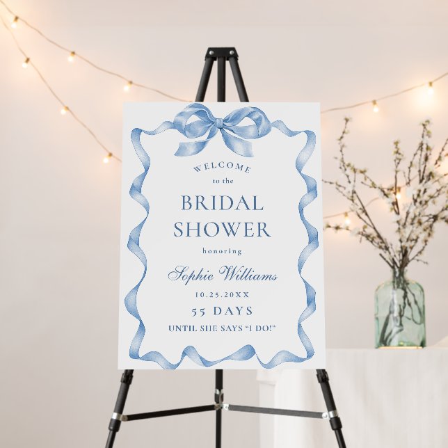 Elegant Dusty Blue Hand Drawn Bow Bridal Shower Foam Board (In Situ (Stand))