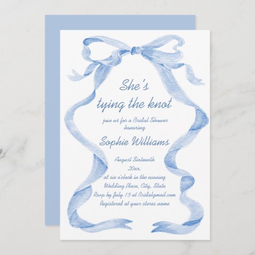 Elegant Dusty Blue Hand Drawn Bow Bridal Shower Invitation