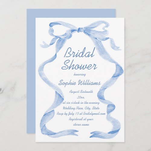Elegant Dusty Blue Hand Drawn Bow Bridal Shower Invitation