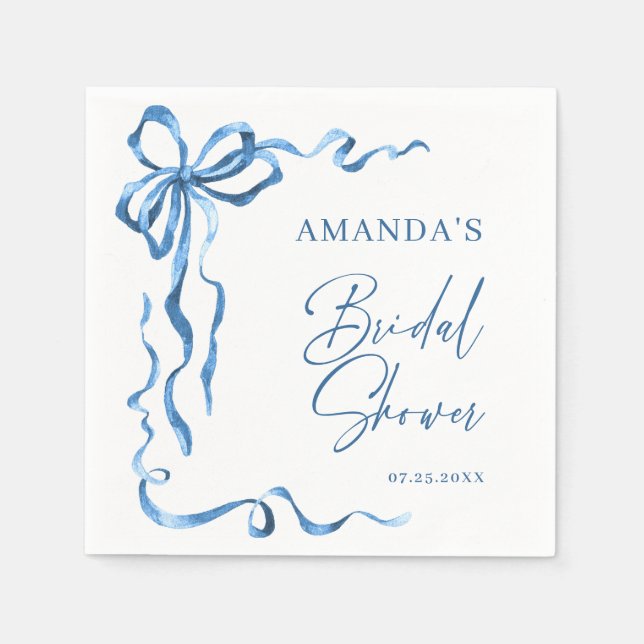 Elegant Dusty Blue Hand Drawn Bow Bridal Shower Napkins (Front)