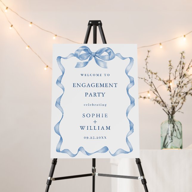 Elegant Dusty Blue Hand Drawn Bow Engagement Party Foam Board (In Situ (Stand))