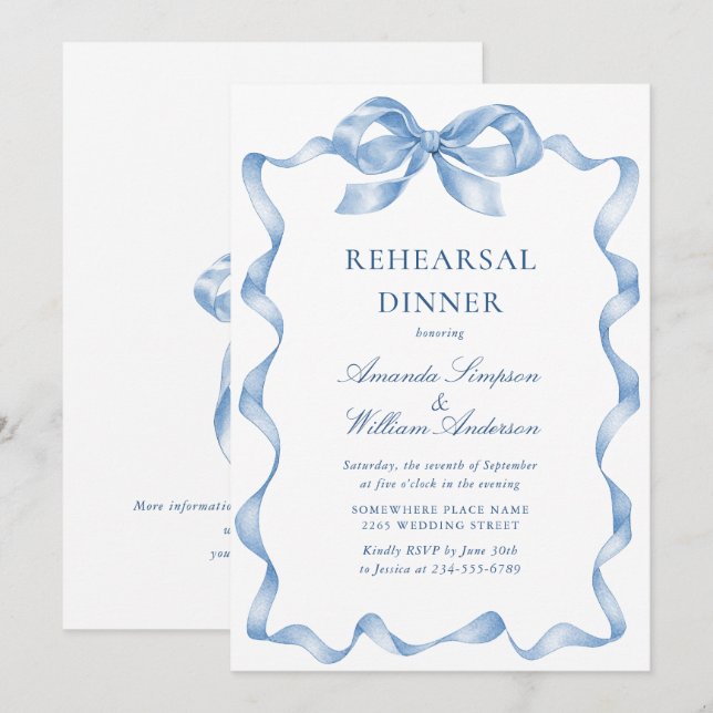 Elegant Dusty Blue Hand Drawn Bow Rehearsal Dinner Invitation (Front/Back)