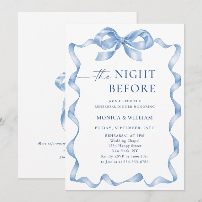 Elegant Dusty Blue Hand Drawn Bow Rehearsal Dinner Invitation (Front/Back)
