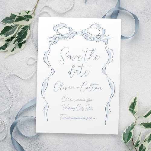 Elegant Dusty Blue Hand Drawn Bow Save The Date