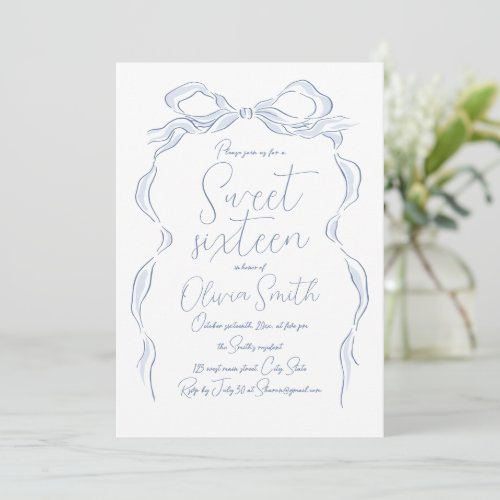 Elegant Dusty Blue Hand Drawn Bow Sweet Sixteen Invitation