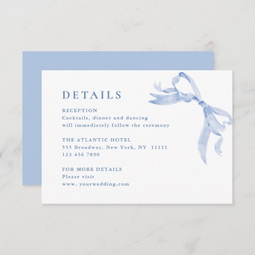 Elegant Dusty Blue Hand Drawn Bow Wedding Details Enclosure Card