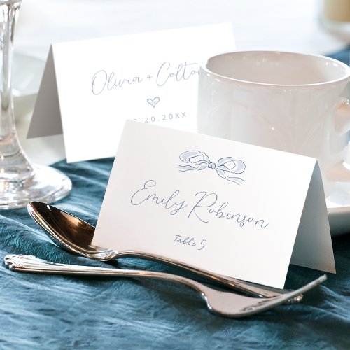 Elegant Dusty Blue Hand Drawn Bow Wedding Foldable Table Number
