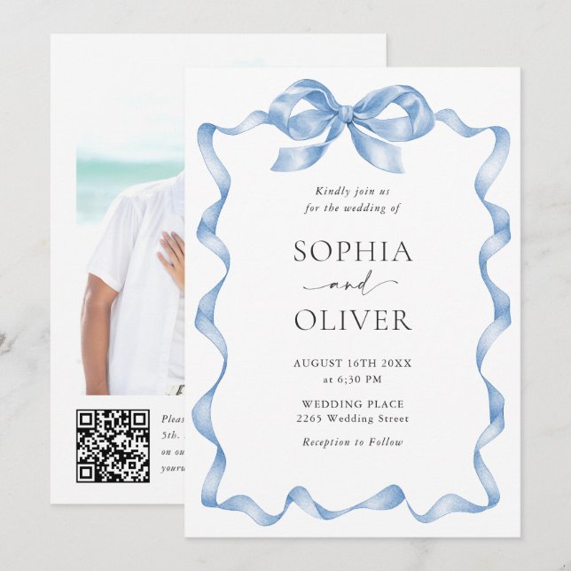 Elegant Dusty Blue Hand Drawn Bow Wedding Invitation (Front/Back)