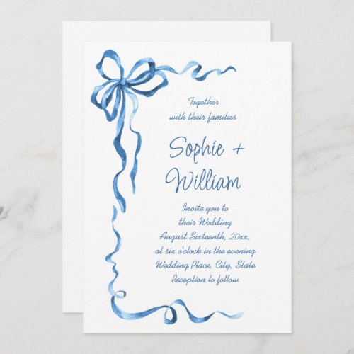 Elegant Dusty Blue Hand Drawn Bow Wedding Invitation