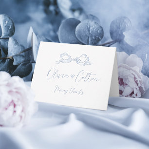 Elegant Dusty Blue Hand Drawn Bow Wedding Letterpress Thank You Card