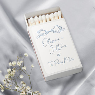 Elegant Dusty Blue Hand Drawn Bow Wedding Matchboxes
