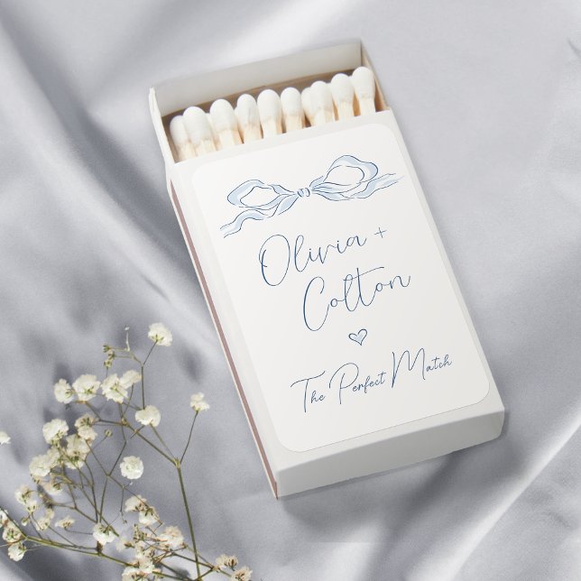 Elegant Dusty Blue Hand Drawn Bow Wedding Matchboxes (Elegant Dusty Blue Hand Drawn Bow Wedding Matchboxes)