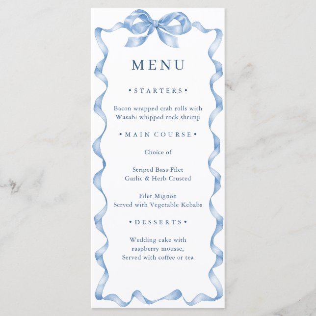 Elegant Dusty Blue Hand Drawn Bow Wedding Menu (Front)