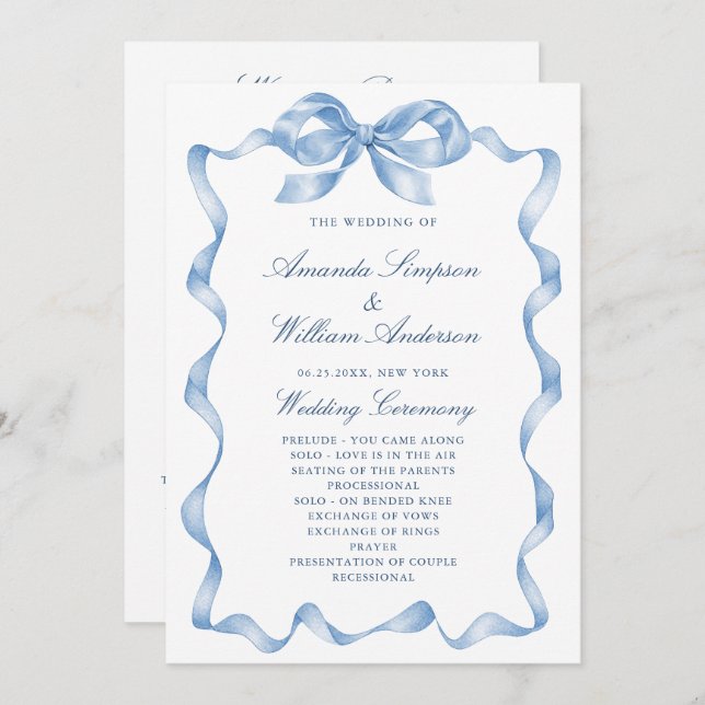 Elegant Dusty Blue Hand Drawn Bow Wedding Program (Front/Back)