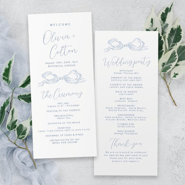 Elegant Dusty Blue Hand Drawn Bow Wedding Program (Elegant Dusty Blue Hand Drawn Bow Wedding Program)