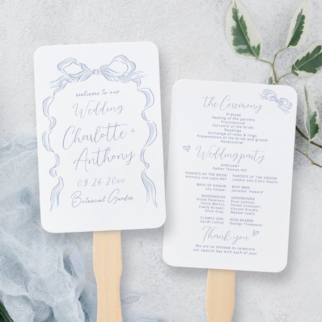Elegant Dusty Blue Hand Drawn Bow Wedding Program Hand Fan (Elegant Dusty Blue Hand Drawn Bow Wedding Program Hand Fan)