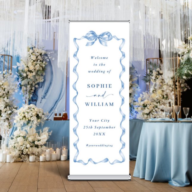 Elegant Dusty Blue Hand Drawn Bow Wedding Retractable Banner (Creator Uploaded)