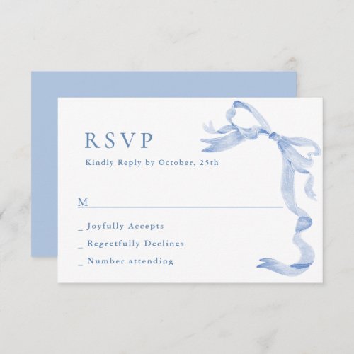 Elegant Dusty Blue Hand Drawn Bow Wedding RSVP Card