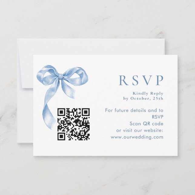 Elegant Dusty Blue Hand Drawn Bow Wedding RSVP Card (Front)