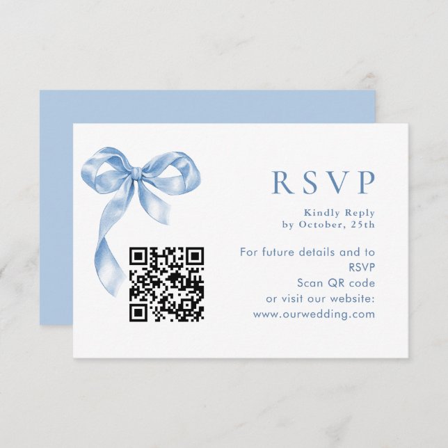 Elegant Dusty Blue Hand Drawn Bow Wedding RSVP Card (Front/Back)