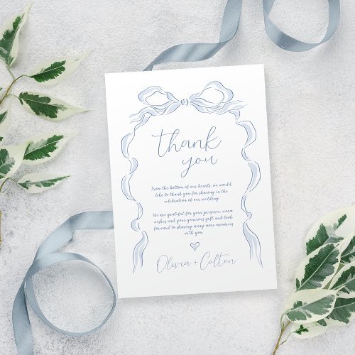 Elegant Dusty Blue Hand Drawn Bow Wedding Thank You Card