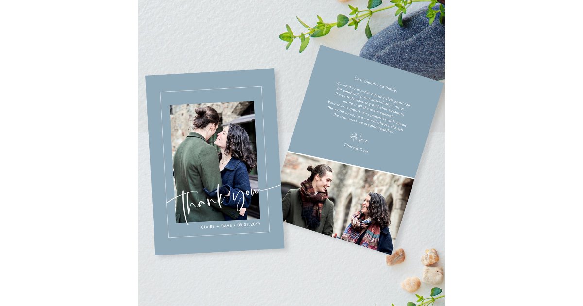 Elegant Dusty Blue Hand-Lettered Wedding Thank You Card | Zazzle