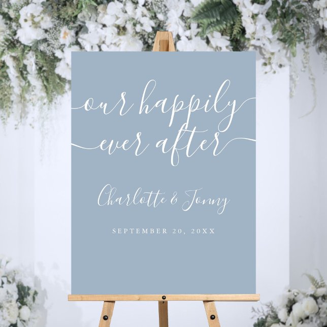 Elegant Dusty Blue Happily Ever After Wedding Sign (Elegant Dusty Blue Happily Ever After Wedding Sign)