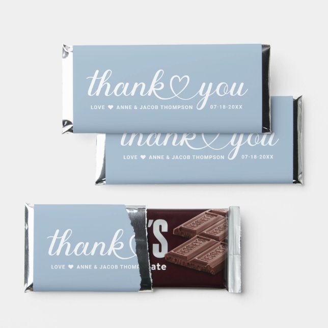 Elegant Dusty Blue Heart Script Wedding Hershey Bar Favors (Front)