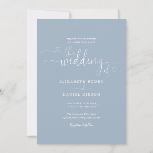 Elegant Dusty Blue Hearts Calligraphy Wedding Invitation - This elegant wedding invitation can be personalized with your celebration details set in chic typography on a dusty blue background. Designed by Thisisnotme©