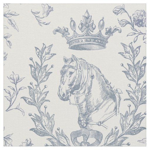 Elegant Dusty Blue Horse Crown Floral Toile Fabric