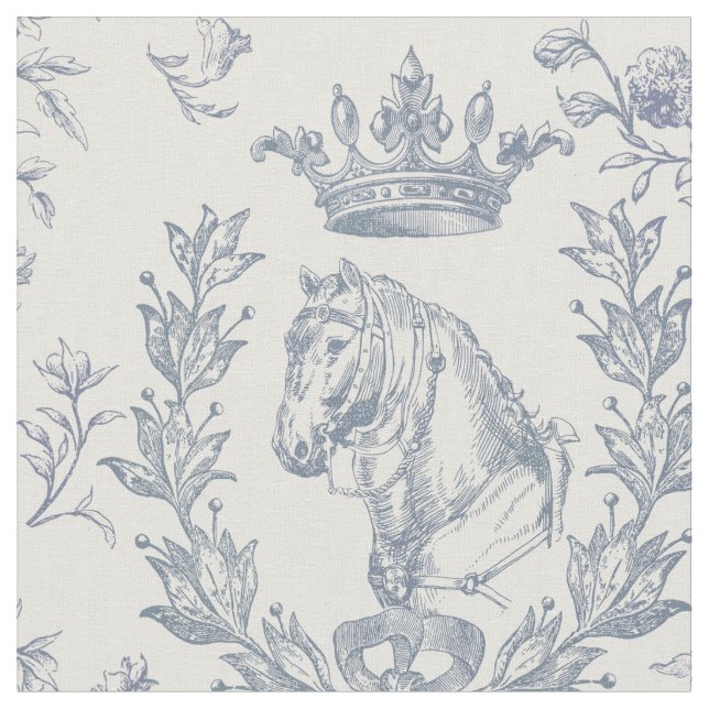 Elegant Dusty Blue Horse Crown Floral Toile Fabric (Close Up)