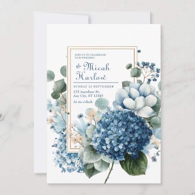Elegant Dusty Blue Hydrangea Eucalyptus Gold Frame Invitation (Front)
