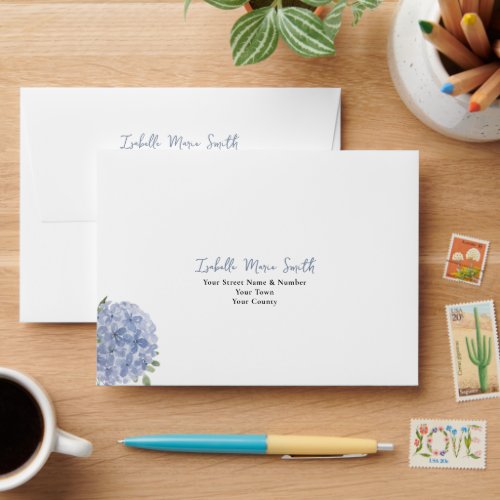 Elegant Dusty Blue Hydrangea Floral Wedding RSVP Envelope