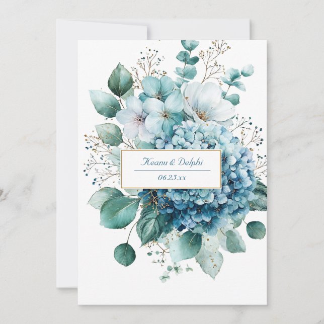 Elegant Dusty Blue Hydrangea Gold Floral Invitation (Front)
