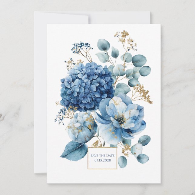 Elegant Dusty Blue Hydrangea Gold Glitter Invitation (Front)