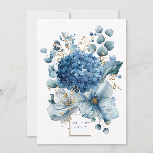 Elegant Dusty Blue Hydrangea Peony Gold Glitter Invitation (Front)
