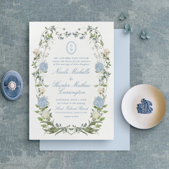 Elegant Dusty Blue Hydrangea Watercolor Monogram Invitation (Creator Uploaded)