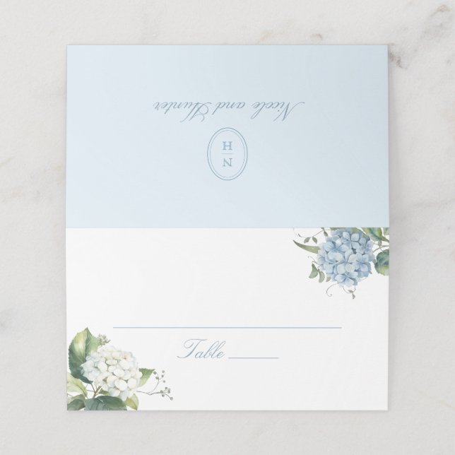 Elegant Dusty Blue Hydrangea Wedding Escort Card (Outside Unfolded)