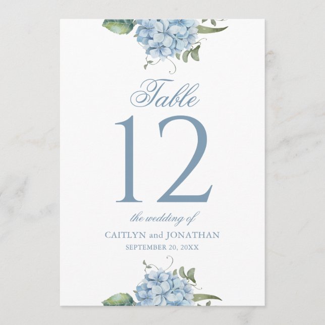 Elegant Dusty Blue Hydrangea Wedding Table Number (Front)