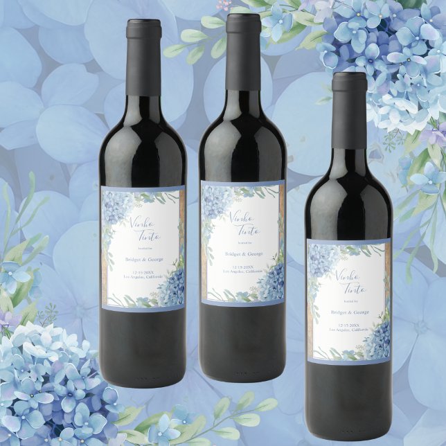 elegant dusty Blue Hydrangea wedding Wine Label (Creator Uploaded)