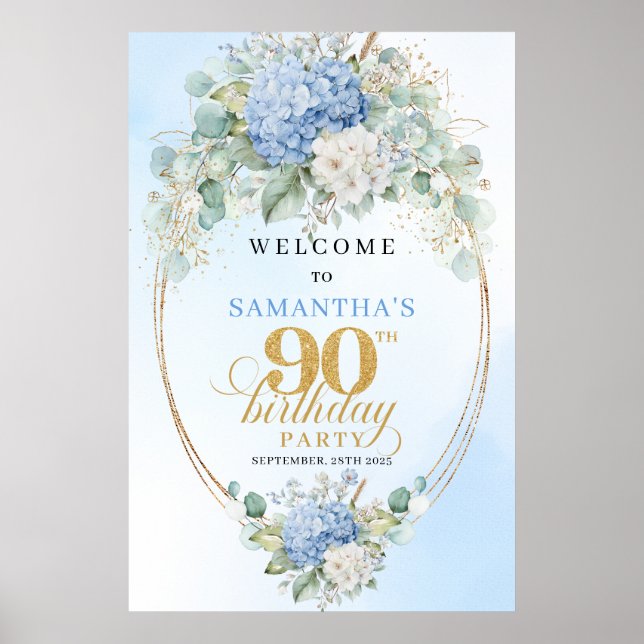 Elegant Dusty Blue Hydrangeas 90 Birthday Welcome Poster (Front)