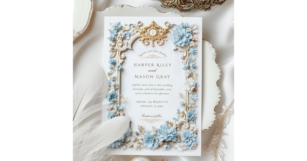 Elegant Dusty Blue Hydrangeas Faux Embossed Invitation