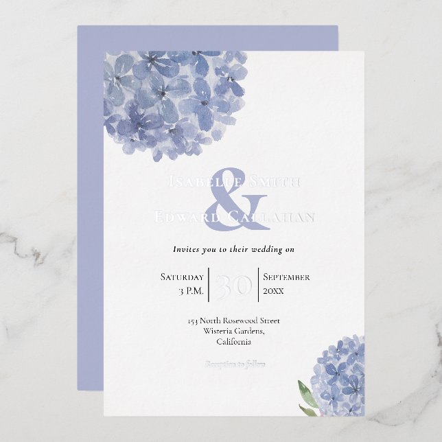 Elegant Dusty Blue Hydrangeas Floral Bouquets Foil Foil Invitation (Front/Back)