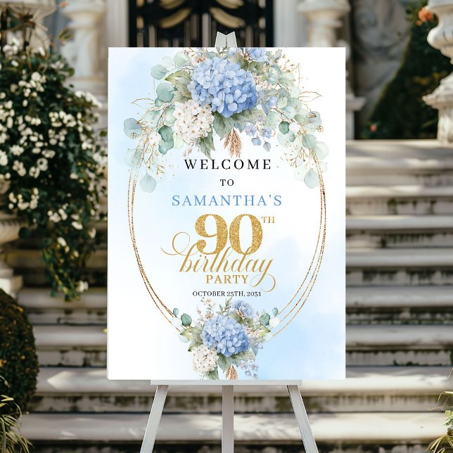 Elegant dusty blue hydrangeas gold welcome sign 90 (Elegant dusty blue hydrangeas gold welcome sign 90th birthday

)