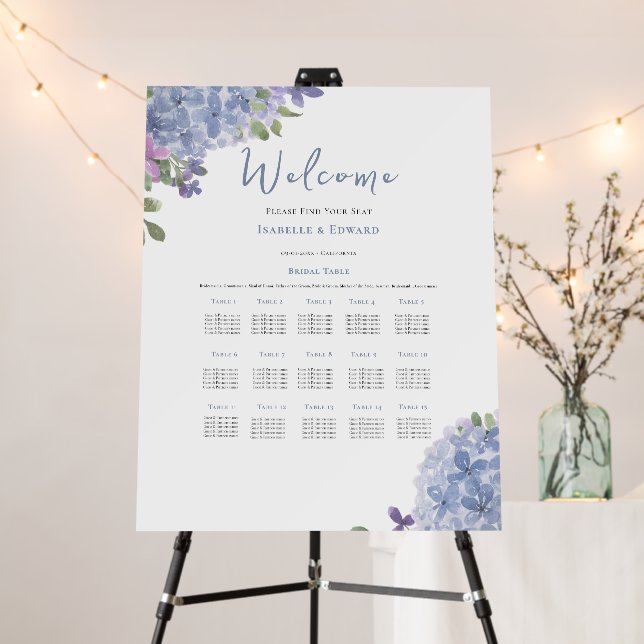 Elegant Dusty Blue Hydrangeas Wedding Seating Plan Foam Board (In Situ (Stand))