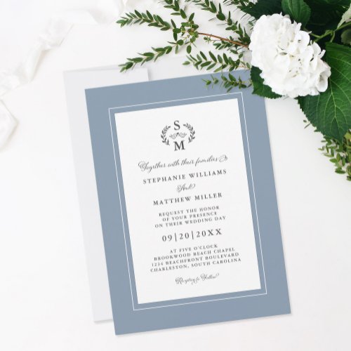 Elegant Dusty Blue Initials Calligraphy Wedding Invitation