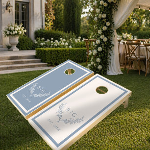 Elegant Dusty Blue Ivory Custom Monogram Wedding Cornhole Set