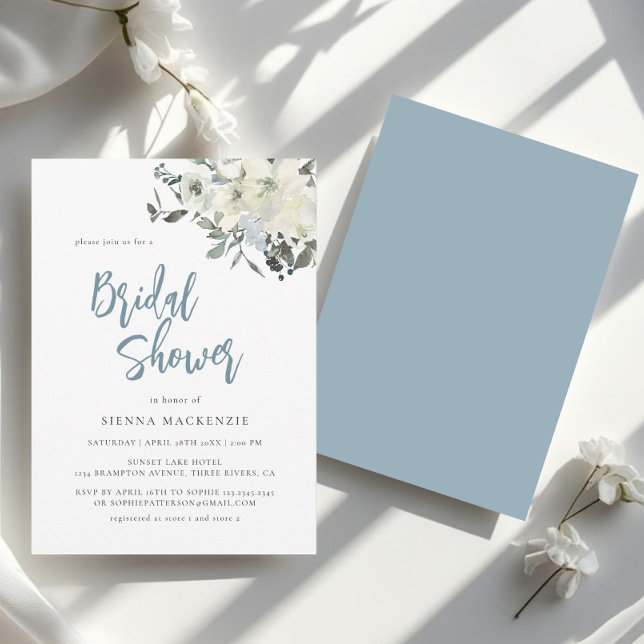 Elegant Dusty Blue Ivory Floral Bridal Shower Invitation (Creator Uploaded)